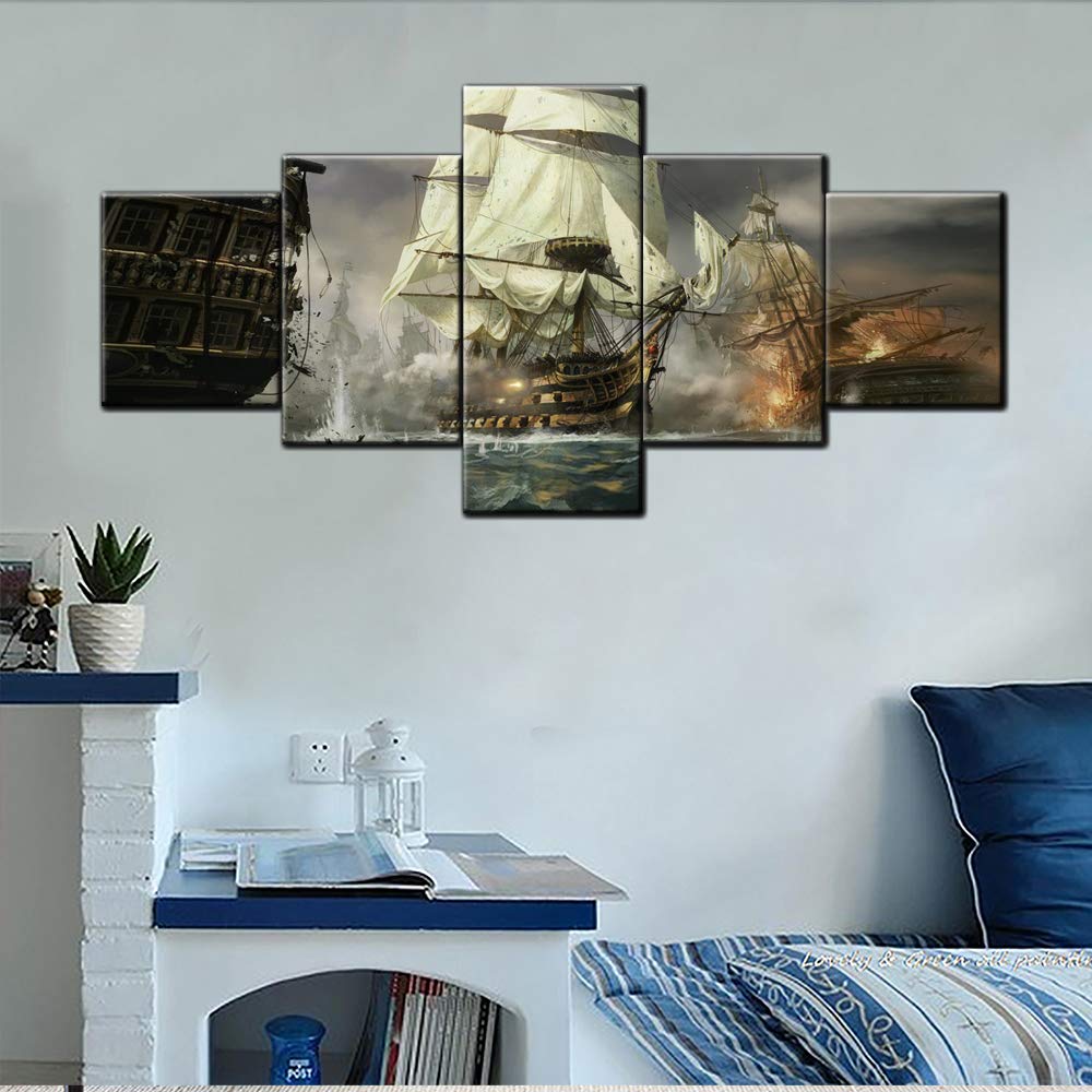 Norse Decor Black and White Painting Vikings Ship Artwork Fantasy Sailing Boat Pictures for Living Room Home 5 Panel Dragon Canvas Wall Art Modern Framed Ready to Hang Posters and Prints(60''Wx32''H)