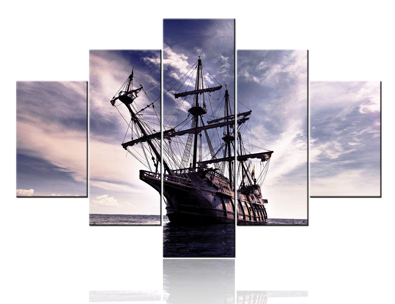 Norse Decor Black and White Painting Vikings Ship Artwork Fantasy Sailing Boat Pictures for Living Room Home 5 Panel Dragon Canvas Wall Art Modern Framed Ready to Hang Posters and Prints(60''Wx32''H)