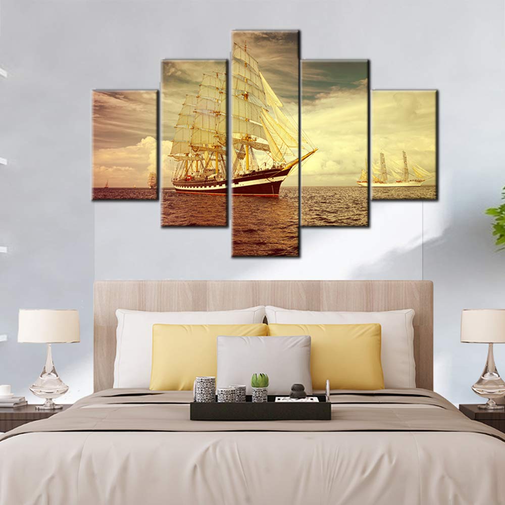 Norse Decor Black and White Painting Vikings Ship Artwork Fantasy Sailing Boat Pictures for Living Room Home 5 Panel Dragon Canvas Wall Art Modern Framed Ready to Hang Posters and Prints(60''Wx32''H)