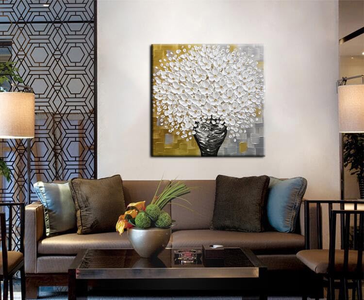 YaSheng Art - hand-painted Oil Painting On Canvas white Flowers Paintings Modern Home Interior Decor Wall Art for living room Abstract Art picture Ready to hang 24x24inch