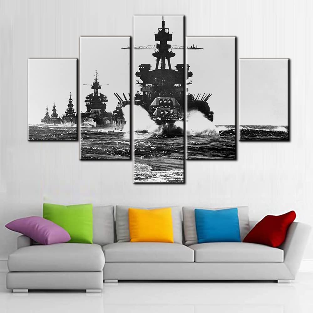 Norse Decor Black and White Painting Vikings Ship Artwork Fantasy Sailing Boat Pictures for Living Room Home 5 Panel Dragon Canvas Wall Art Modern Framed Ready to Hang Posters and Prints(60''Wx32''H)