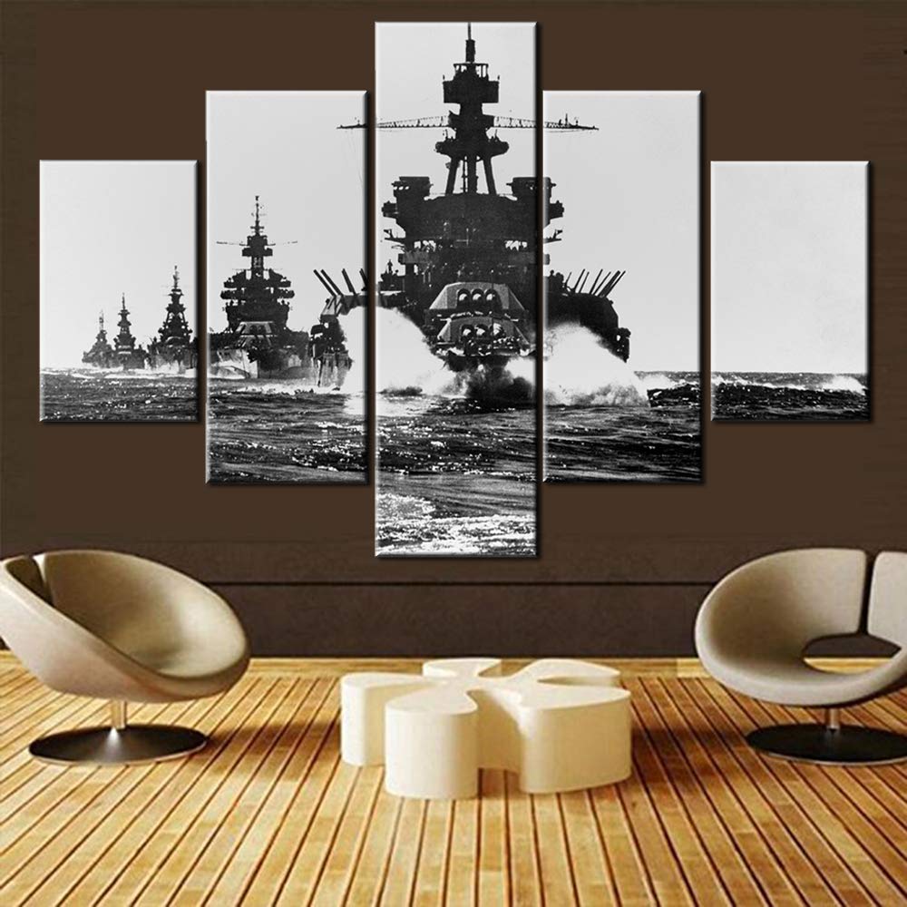 Norse Decor Black and White Painting Vikings Ship Artwork Fantasy Sailing Boat Pictures for Living Room Home 5 Panel Dragon Canvas Wall Art Modern Framed Ready to Hang Posters and Prints(60''Wx32''H)