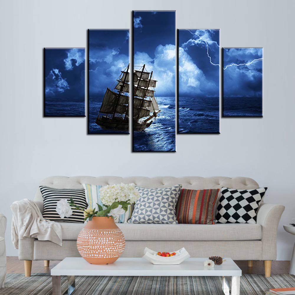 Norse Decor Black and White Painting Vikings Ship Artwork Fantasy Sailing Boat Pictures for Living Room Home 5 Panel Dragon Canvas Wall Art Modern Framed Ready to Hang Posters and Prints(60''Wx32''H)