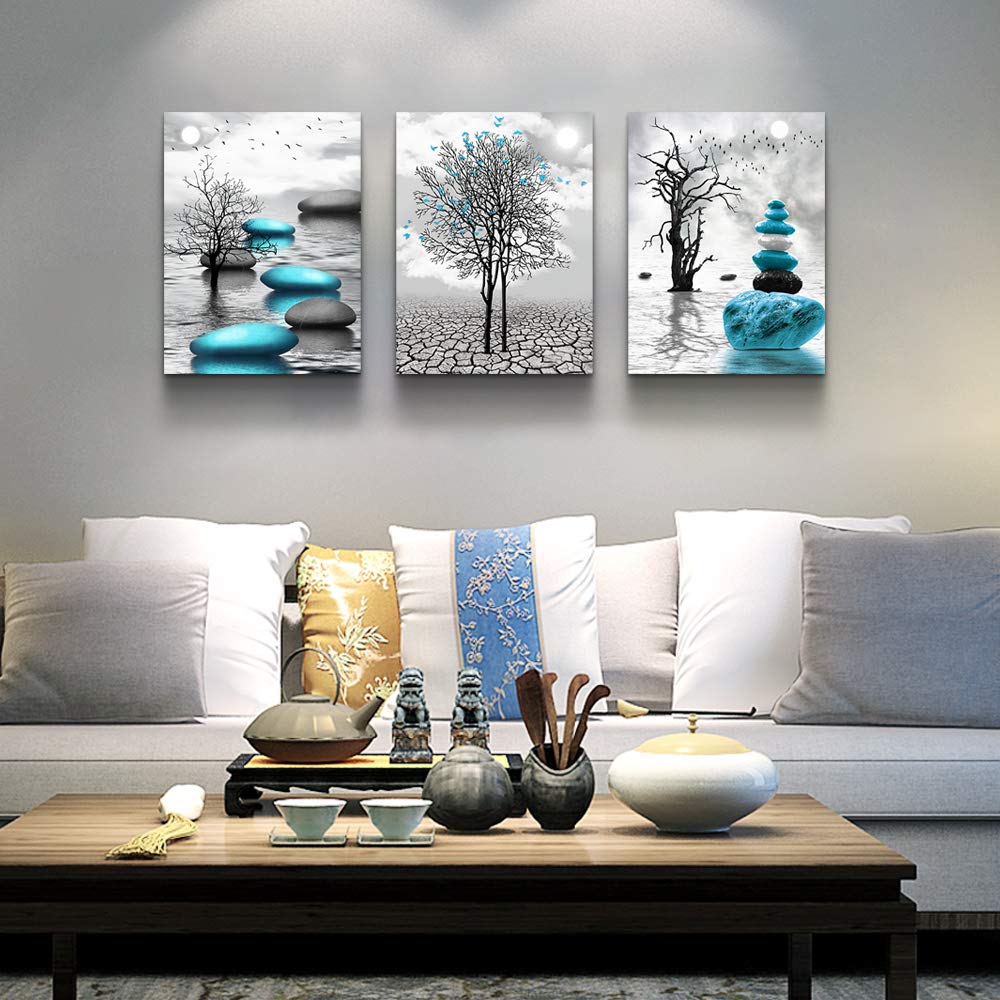 Canvas Wall Art for Living Room Wall Decor for Bedroom Bathroom Black and White Paintings Modern 3 Piece Framed Canvas Art Prints Ready to Hang Inspirational Abstract Blue Pictures Home Decorations