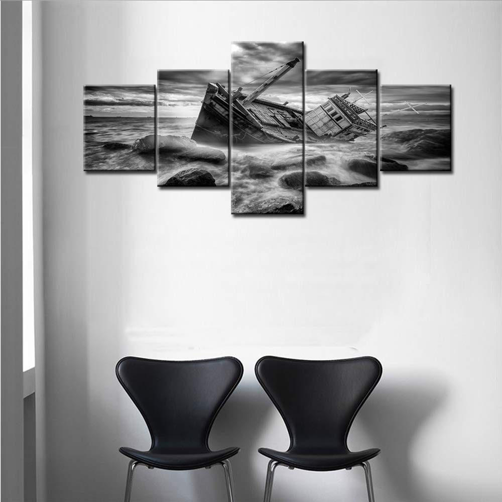 Norse Decor Black and White Painting Vikings Ship Artwork Fantasy Sailing Boat Pictures for Living Room Home 5 Panel Dragon Canvas Wall Art Modern Framed Ready to Hang Posters and Prints(60''Wx32''H)