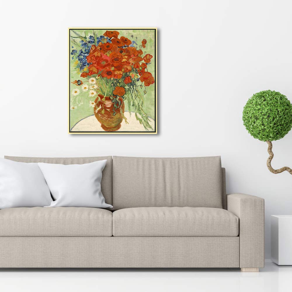 Wieco Art Framed Art Red Poppies and Daisies Canvas Prints Wall Art of Van Gogh Famous Floral Paintings Reproduction Abstract HD Classical Flowers Pictures Artwork