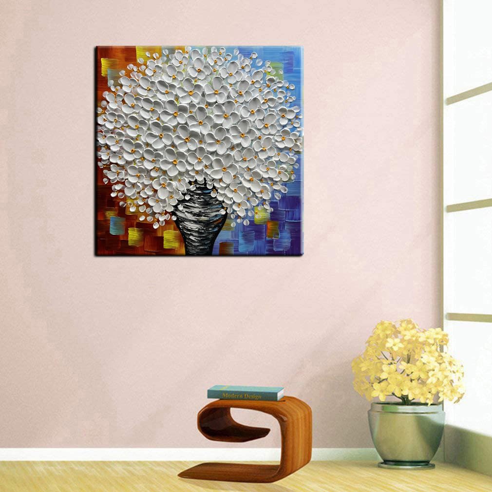 YaSheng Art - hand-painted Oil Painting On Canvas white Flowers Paintings Modern Home Interior Decor Wall Art for living room Abstract Art picture Ready to hang 24x24inch