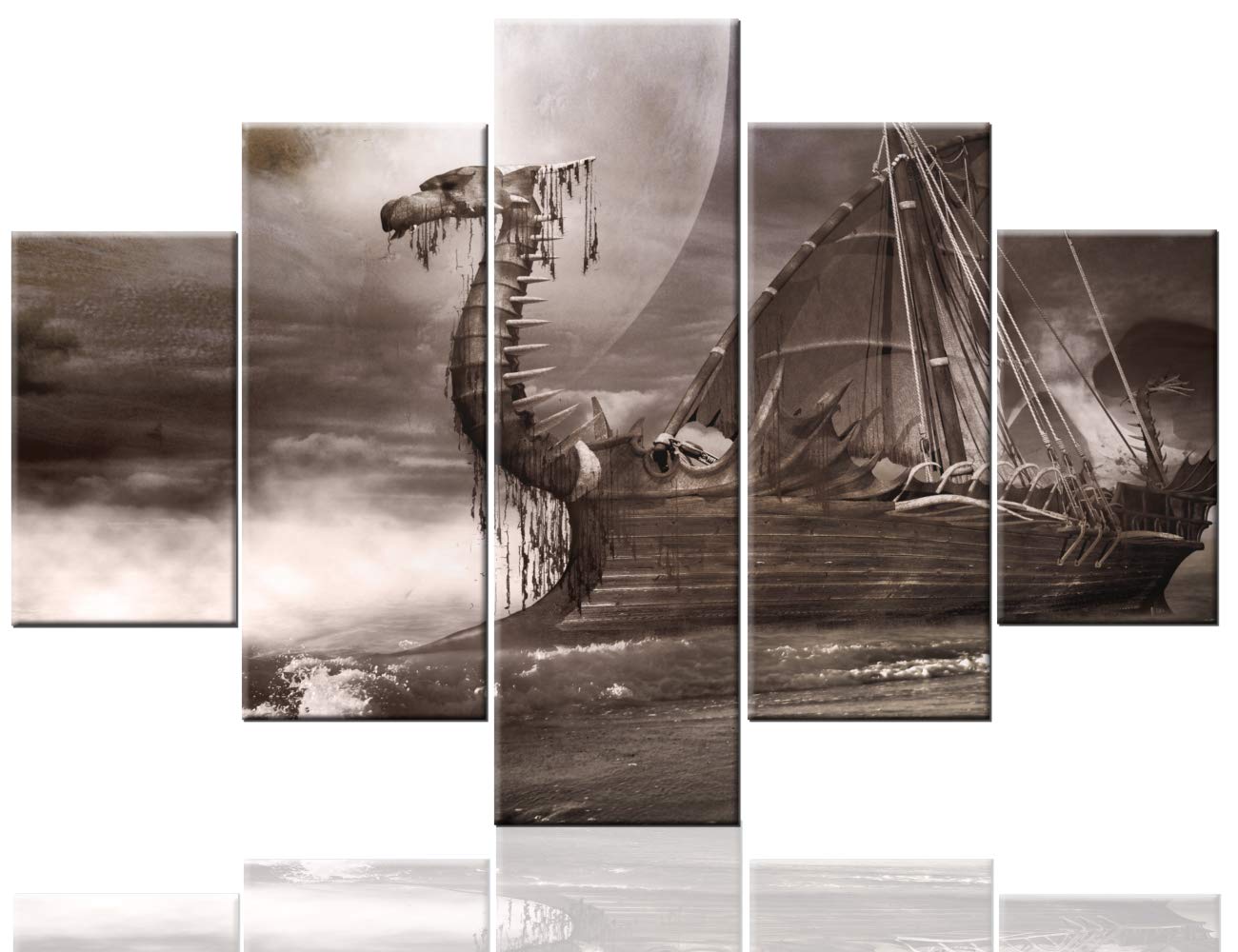 Norse Decor Black and White Painting Vikings Ship Artwork Fantasy Sailing Boat Pictures for Living Room Home 5 Panel Dragon Canvas Wall Art Modern Framed Ready to Hang Posters and Prints(60''Wx32''H)