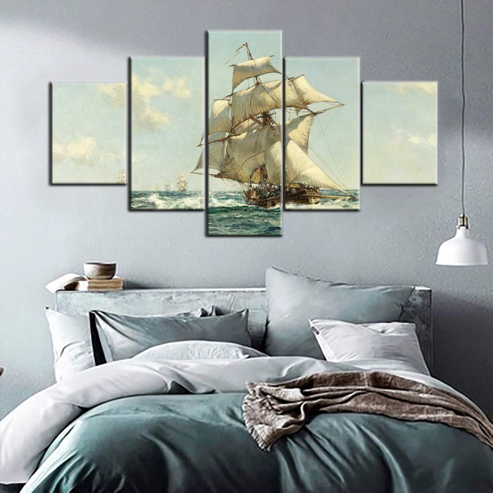 Norse Decor Black and White Painting Vikings Ship Artwork Fantasy Sailing Boat Pictures for Living Room Home 5 Panel Dragon Canvas Wall Art Modern Framed Ready to Hang Posters and Prints(60''Wx32''H)