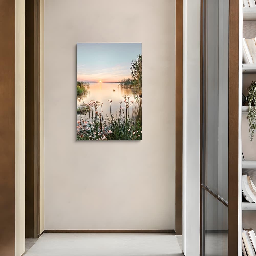 Lake Canvas Wall Art Picture: Sunset Landscape Painting Print Artwork Vertical Nature Scenery Decor for Living Room Bedroom