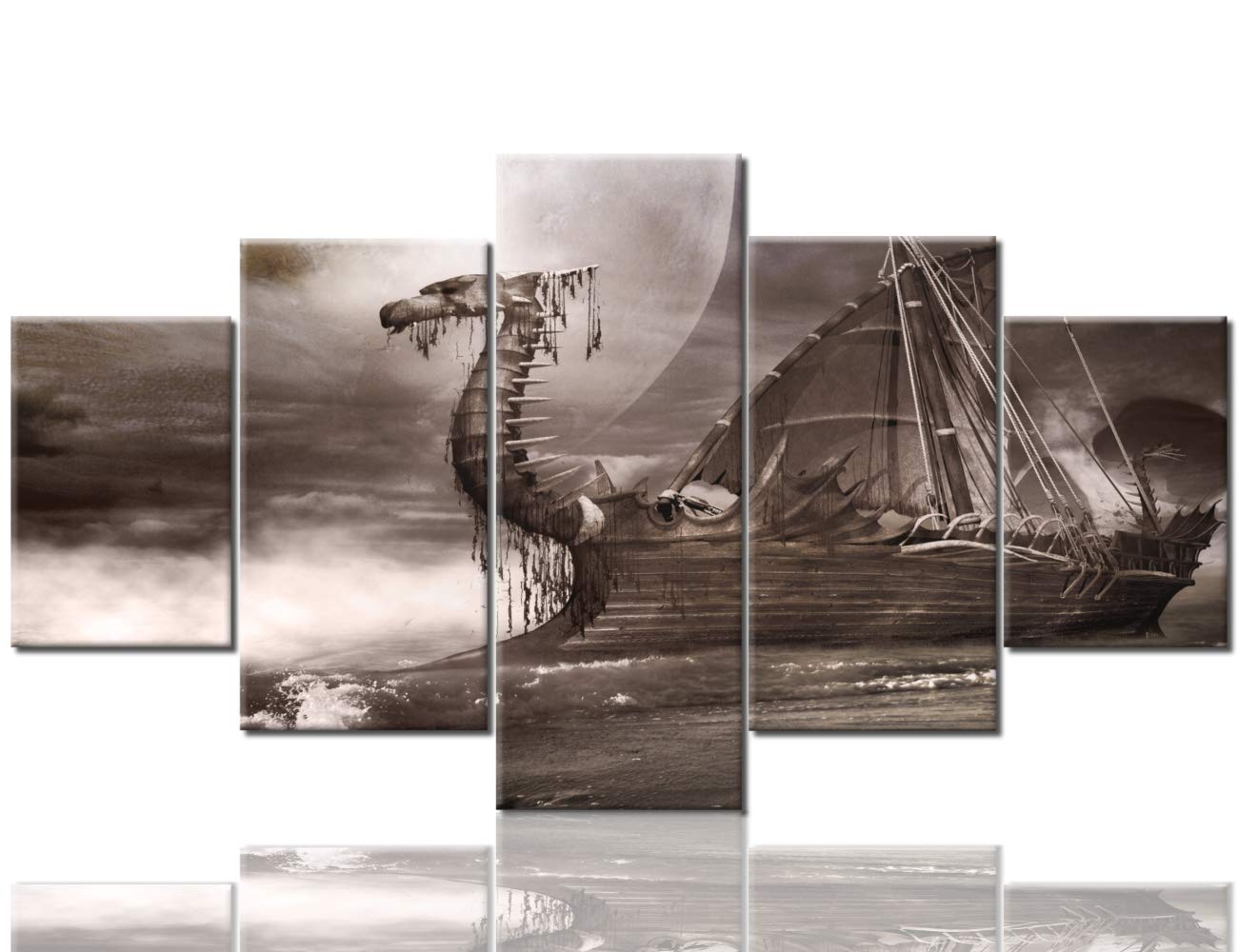 Norse Decor Black and White Painting Vikings Ship Artwork Fantasy Sailing Boat Pictures for Living Room Home 5 Panel Dragon Canvas Wall Art Modern Framed Ready to Hang Posters and Prints(60''Wx32''H)