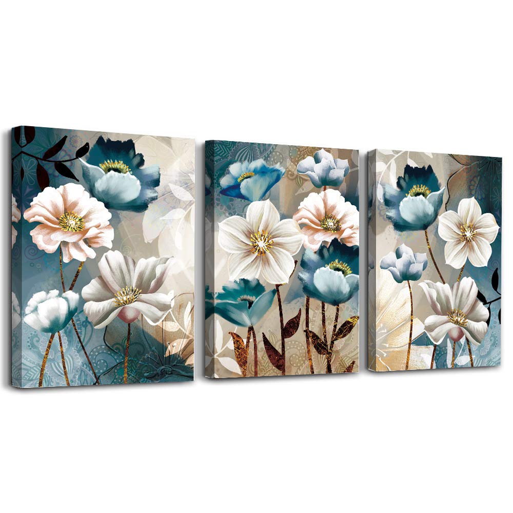 SERIMINO 3 Piece Lotus Flower Canvas Wall Art for Living Room White and Indigo Blue Floral Picture Wall Decor for Dining Room Bedroom Bathroom Kitchen Print Painting for Home Decorations