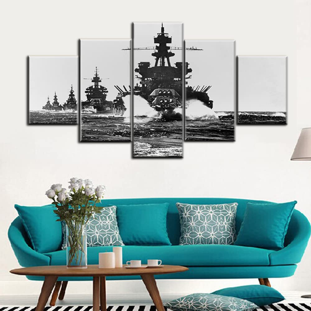 Norse Decor Black and White Painting Vikings Ship Artwork Fantasy Sailing Boat Pictures for Living Room Home 5 Panel Dragon Canvas Wall Art Modern Framed Ready to Hang Posters and Prints(60''Wx32''H)