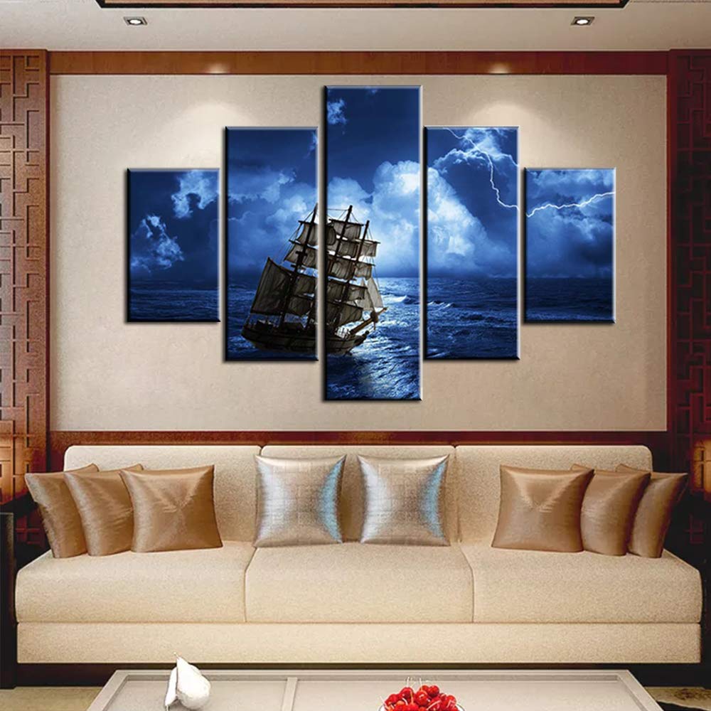 Norse Decor Black and White Painting Vikings Ship Artwork Fantasy Sailing Boat Pictures for Living Room Home 5 Panel Dragon Canvas Wall Art Modern Framed Ready to Hang Posters and Prints(60''Wx32''H)