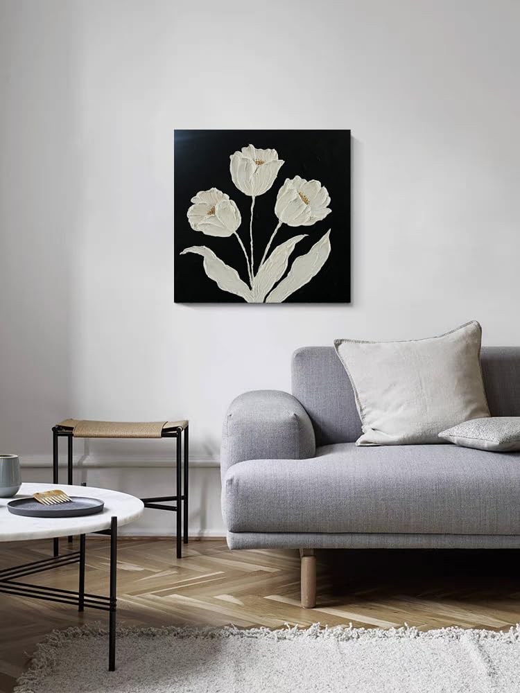 YaSheng Art - hand-painted Oil Painting On Canvas white Flowers Paintings Modern Home Interior Decor Wall Art for living room Abstract Art picture Ready to hang 24x24inch