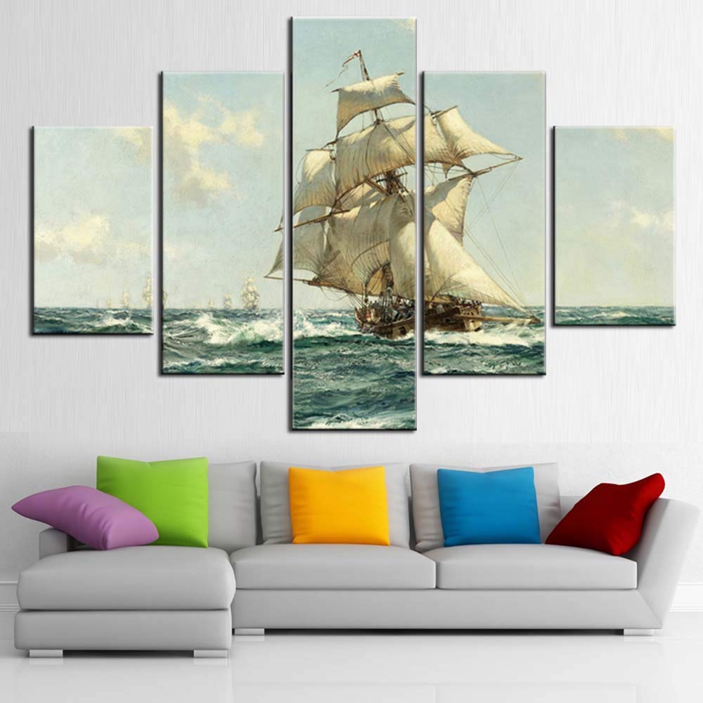 Norse Decor Black and White Painting Vikings Ship Artwork Fantasy Sailing Boat Pictures for Living Room Home 5 Panel Dragon Canvas Wall Art Modern Framed Ready to Hang Posters and Prints(60''Wx32''H)