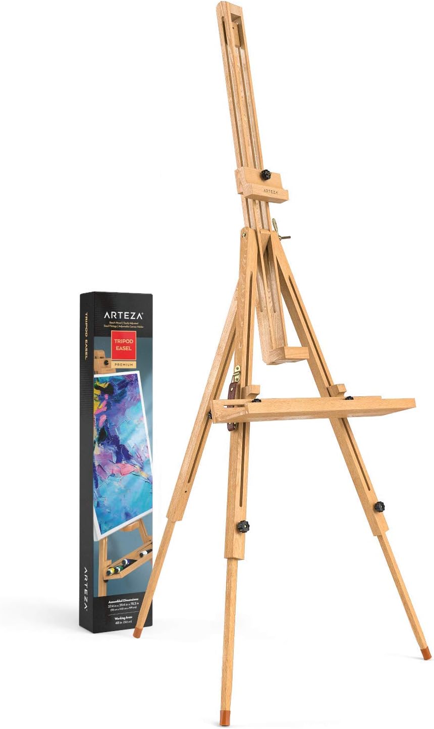 ARTEZA Easel Stand 37.4x39.4x78.3", Tripod Beechwood Display Stand with Steel Fittings for Painting & Displaying Artwork