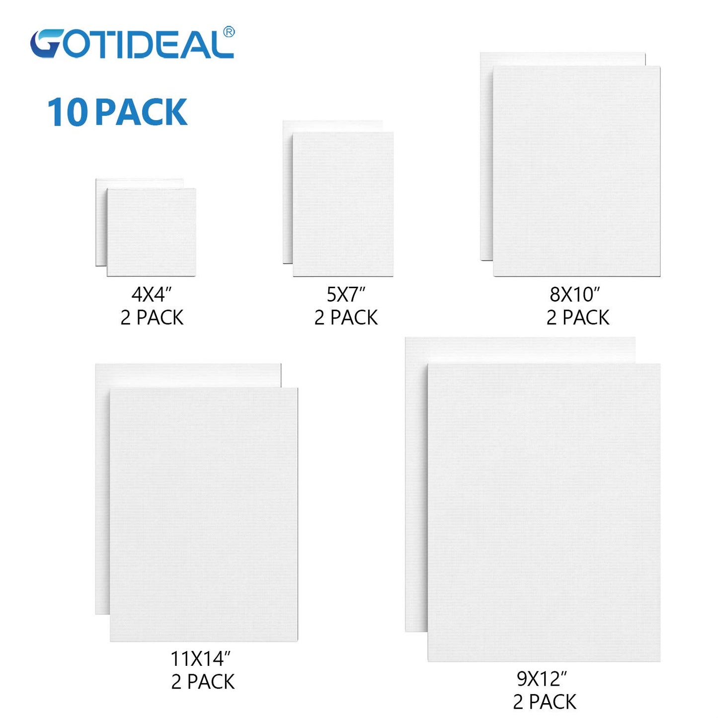 GOTIDEAL Stretched Canvas, Multi Pack 4x4, 5x7, 8x10,9x12, 11x14 Set of 10, Primed White - 100% Cotton Artist Canvas Boards for Painting, Acrylic Pouring, Oil Paint Dry & Wet Art Media