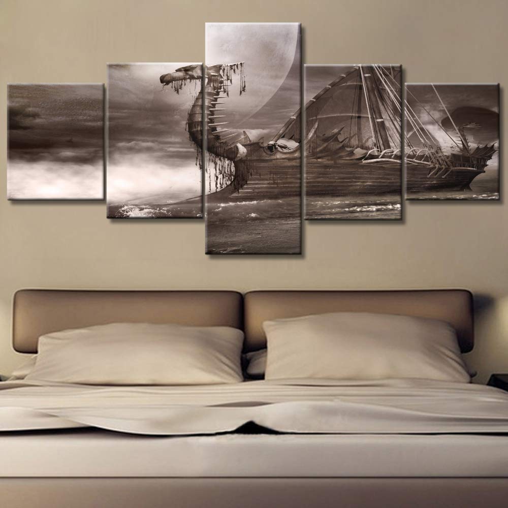 Norse Decor Black and White Painting Vikings Ship Artwork Fantasy Sailing Boat Pictures for Living Room Home 5 Panel Dragon Canvas Wall Art Modern Framed Ready to Hang Posters and Prints(60''Wx32''H)