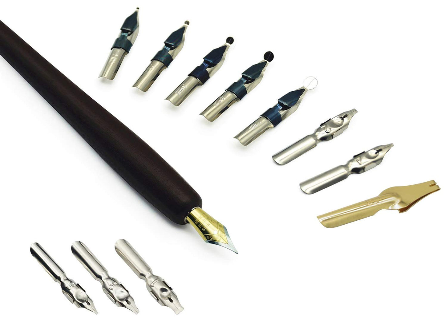 Calligraphy Pen Set – Includes Wooden Dip Pen, Antique Brass Holder, 11 Nibs, 7 Colors Ink Bottles and Beginner's Manual