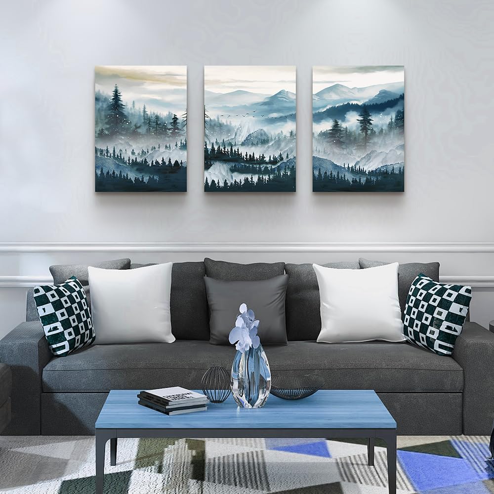 MHARTK66 3 Piece Framed Canvas Art Prints Wall Art for Living Room Modern Wall Decor for Bedroom Office Decor Abstract Mountain Forest Landscapes Ink Painting Ready to Hang Wall Pictures Home Decor