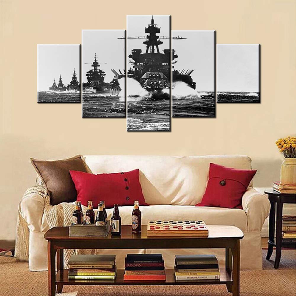 Norse Decor Black and White Painting Vikings Ship Artwork Fantasy Sailing Boat Pictures for Living Room Home 5 Panel Dragon Canvas Wall Art Modern Framed Ready to Hang Posters and Prints(60''Wx32''H)