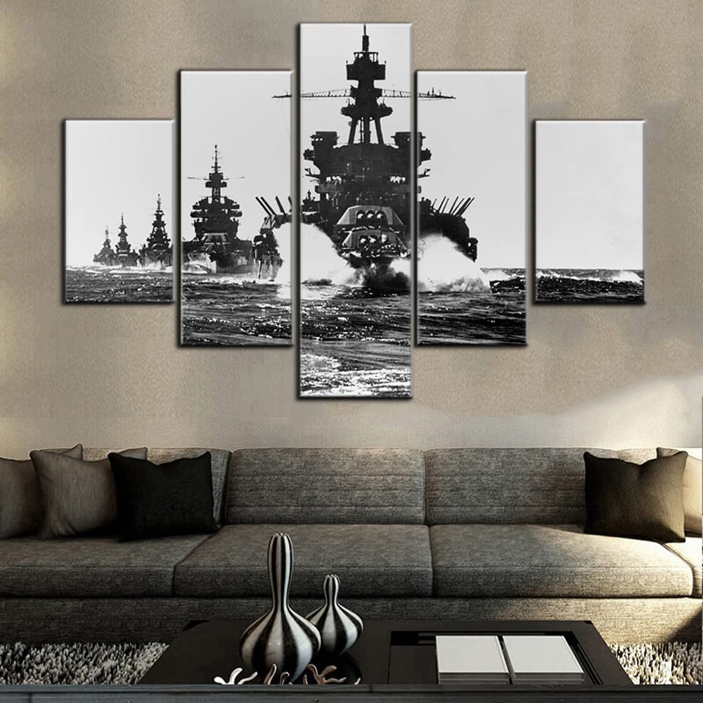 Norse Decor Black and White Painting Vikings Ship Artwork Fantasy Sailing Boat Pictures for Living Room Home 5 Panel Dragon Canvas Wall Art Modern Framed Ready to Hang Posters and Prints(60''Wx32''H)