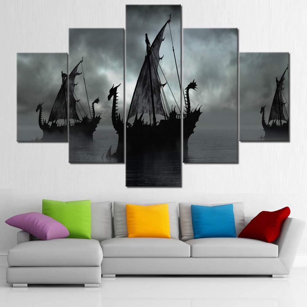 Norse Decor Black and White Painting Vikings Ship Artwork Fantasy Sailing Boat Pictures for Living Room Home 5 Panel Dragon Canvas Wall Art Modern Framed Ready to Hang Posters and Prints(60''Wx32''H)