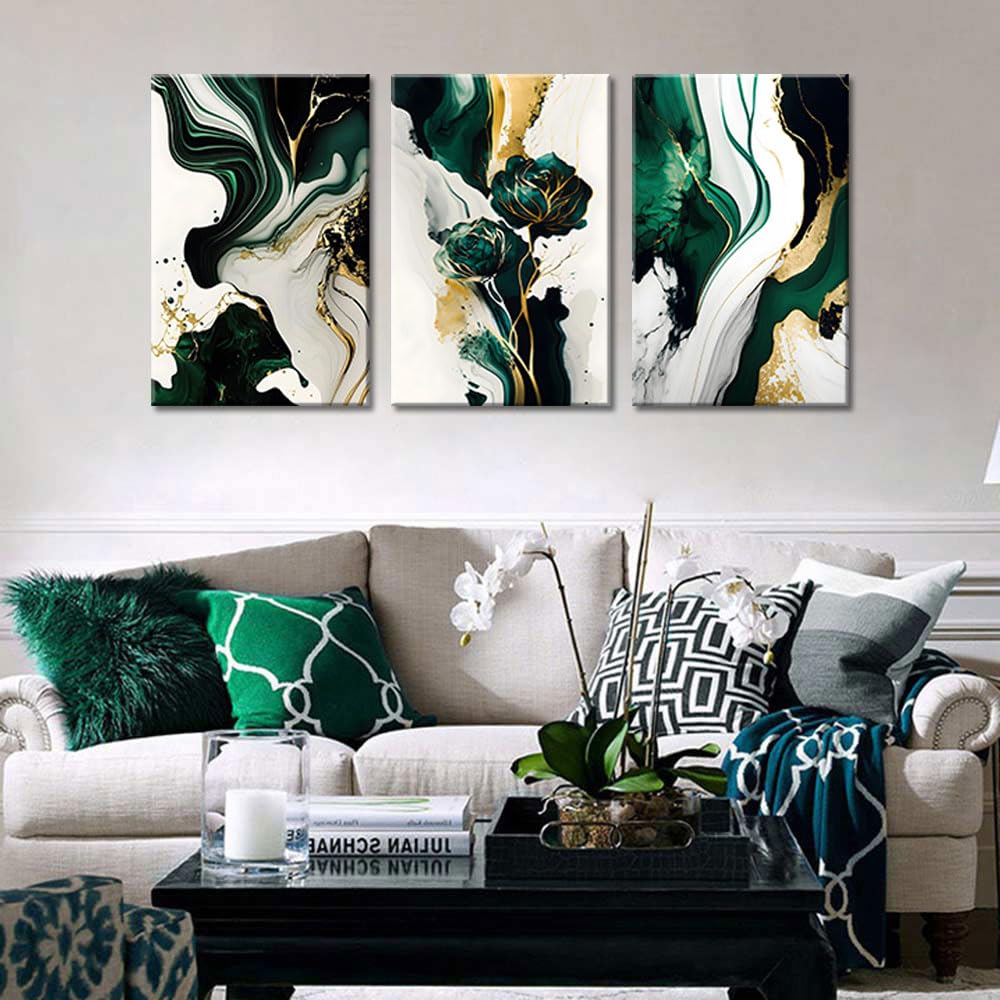 3Pcs Framed Emerald Green Wall Art, Modern Green and Gold Abstract Marble Canvas Wall Art Paintings Prints Posters Wall Decor Pictures for Living Room Bedroom Office Home Decoration, Ready to Hang