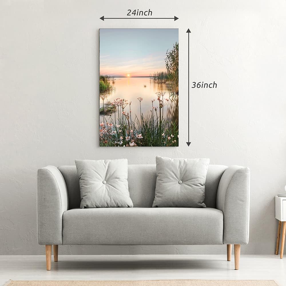 Lake Canvas Wall Art Picture: Sunset Landscape Painting Print Artwork Vertical Nature Scenery Decor for Living Room Bedroom