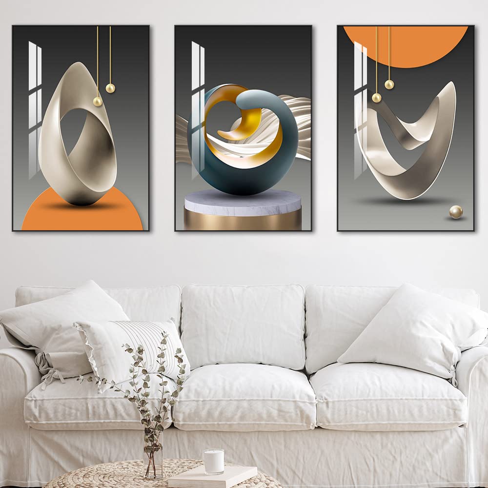 MPLONG Wall Art, Bright Style Framed Wall Art, Abstract Modern Art Shape Pattern White Blue Yellow Grey Wall Art Artfully Matching Living Room Bedroom Office Wall Decor - 24"x 32"x 3 Panels