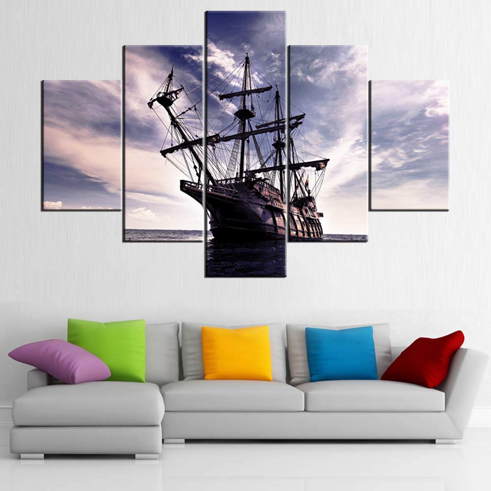 Norse Decor Black and White Painting Vikings Ship Artwork Fantasy Sailing Boat Pictures for Living Room Home 5 Panel Dragon Canvas Wall Art Modern Framed Ready to Hang Posters and Prints(60''Wx32''H)