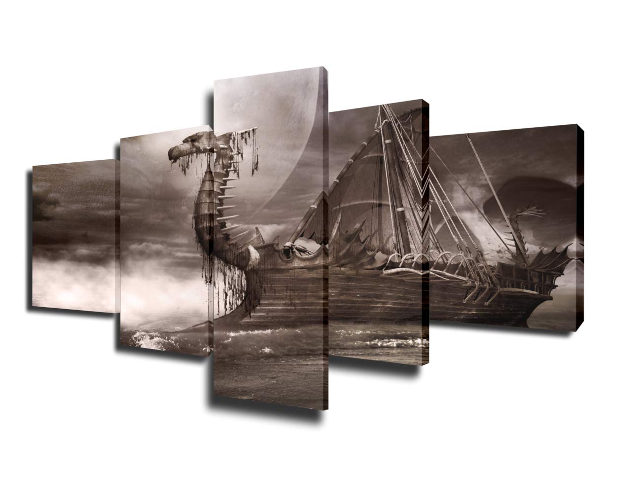 Norse Decor Black and White Painting Vikings Ship Artwork Fantasy Sailing Boat Pictures for Living Room Home 5 Panel Dragon Canvas Wall Art Modern Framed Ready to Hang Posters and Prints(60''Wx32''H)