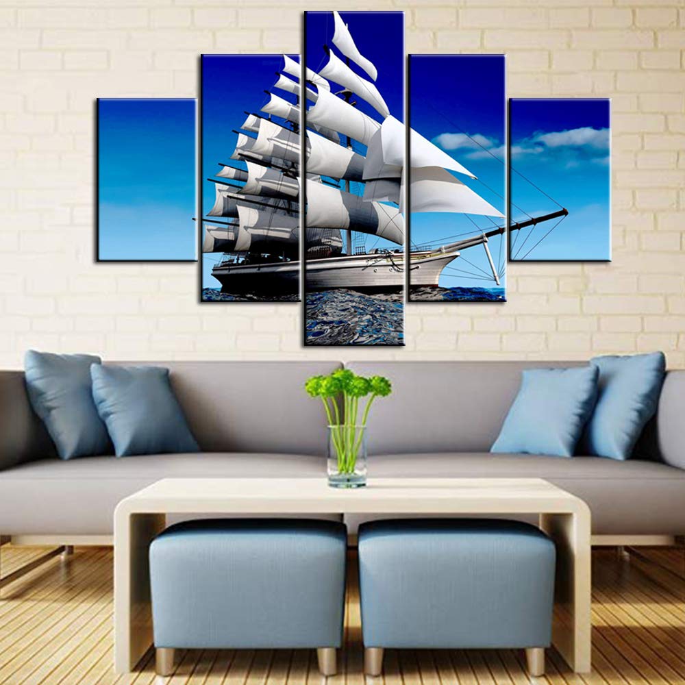 Norse Decor Black and White Painting Vikings Ship Artwork Fantasy Sailing Boat Pictures for Living Room Home 5 Panel Dragon Canvas Wall Art Modern Framed Ready to Hang Posters and Prints(60''Wx32''H)