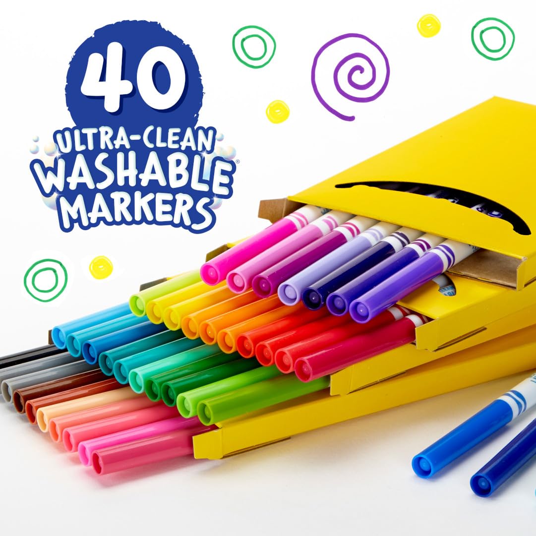 Crayola Ultra Clean Fine Line Washable Markers (40ct), Colored Markers for Kids, Fine Tip, Arts Supplies, Gifts & Stocking Stuffers, 3+