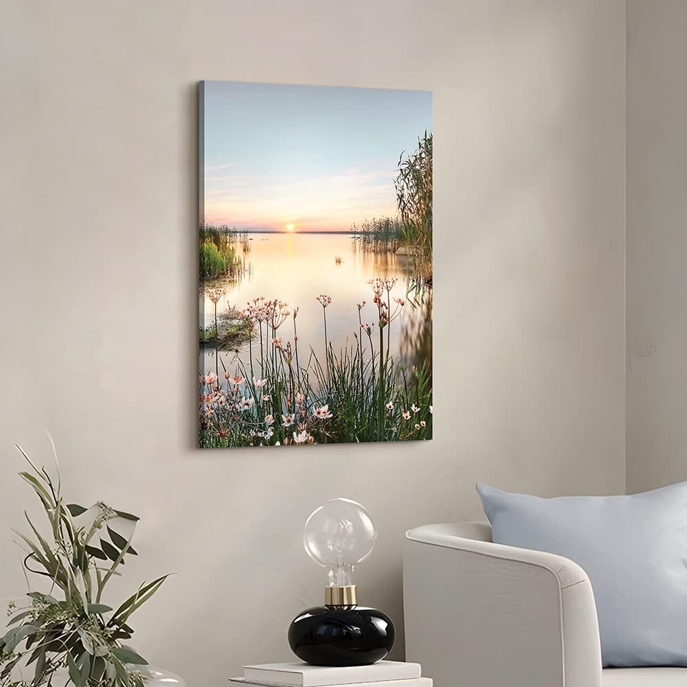 Lake Canvas Wall Art Picture: Sunset Landscape Painting Print Artwork Vertical Nature Scenery Decor for Living Room Bedroom