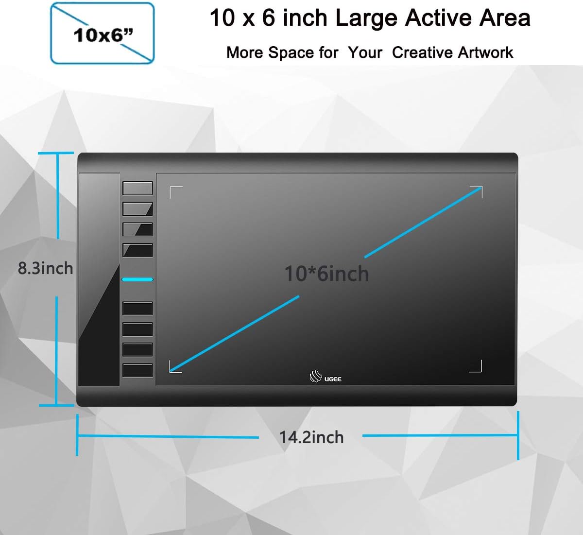 Graphics Drawing Tablet, UGEE M708 10 x 6 inch Large Drawing Tablet with 8 Hot Keys, Passive Stylus of 8192 Levels Pressure, UGEE M708 Graphics Tablet for Paint, Design, Art Creation Sketch Black