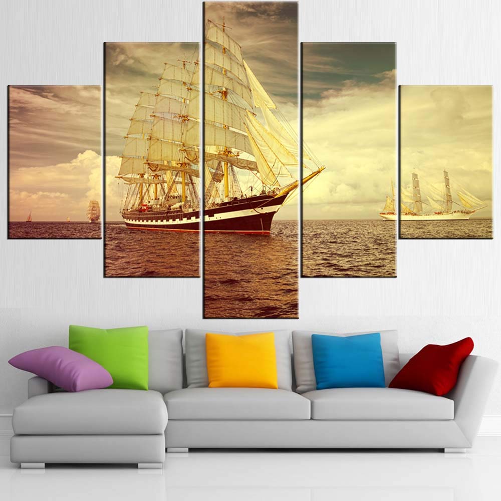 Norse Decor Black and White Painting Vikings Ship Artwork Fantasy Sailing Boat Pictures for Living Room Home 5 Panel Dragon Canvas Wall Art Modern Framed Ready to Hang Posters and Prints(60''Wx32''H)