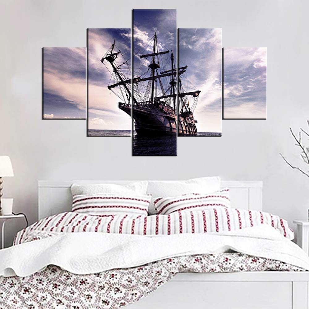 Norse Decor Black and White Painting Vikings Ship Artwork Fantasy Sailing Boat Pictures for Living Room Home 5 Panel Dragon Canvas Wall Art Modern Framed Ready to Hang Posters and Prints(60''Wx32''H)