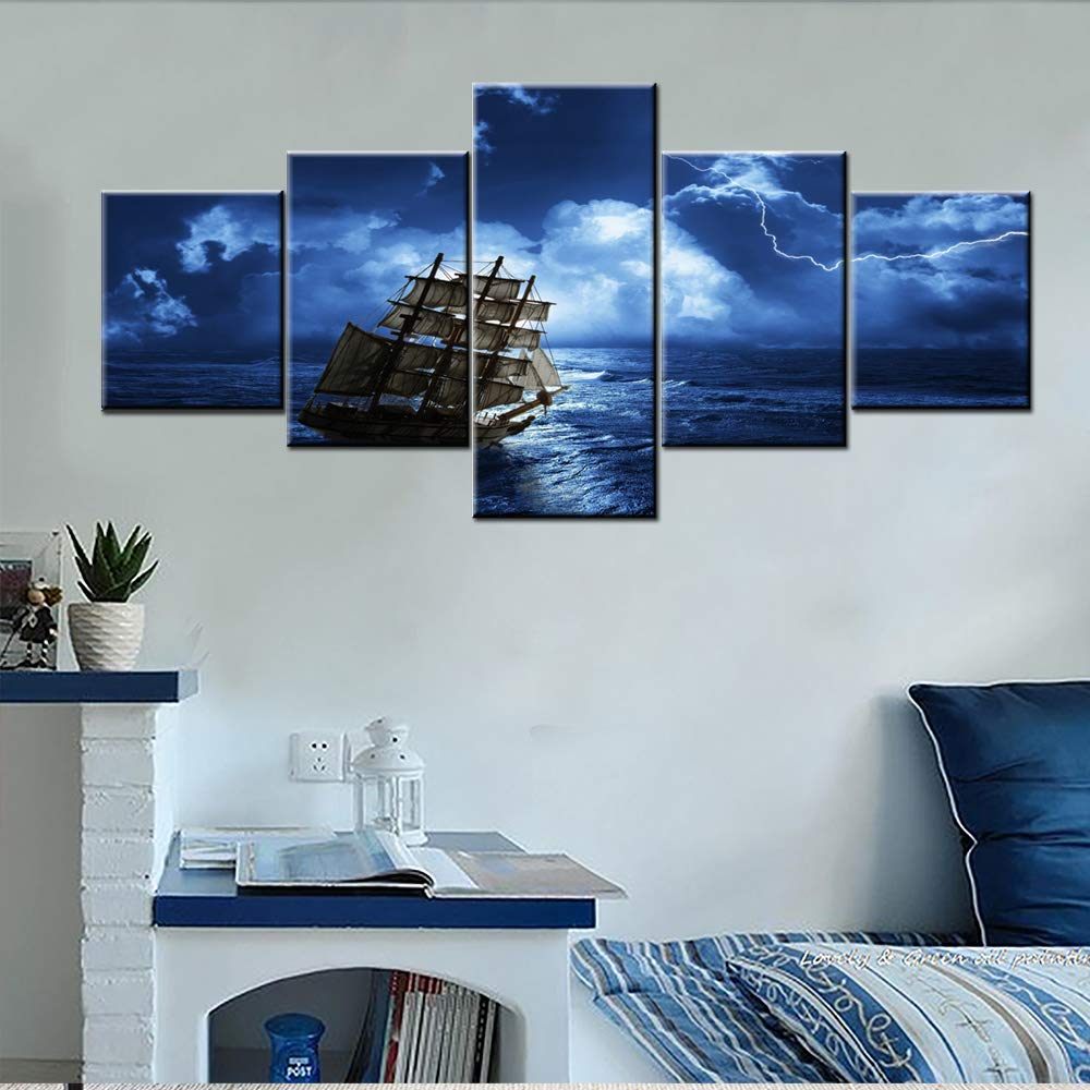 Norse Decor Black and White Painting Vikings Ship Artwork Fantasy Sailing Boat Pictures for Living Room Home 5 Panel Dragon Canvas Wall Art Modern Framed Ready to Hang Posters and Prints(60''Wx32''H)