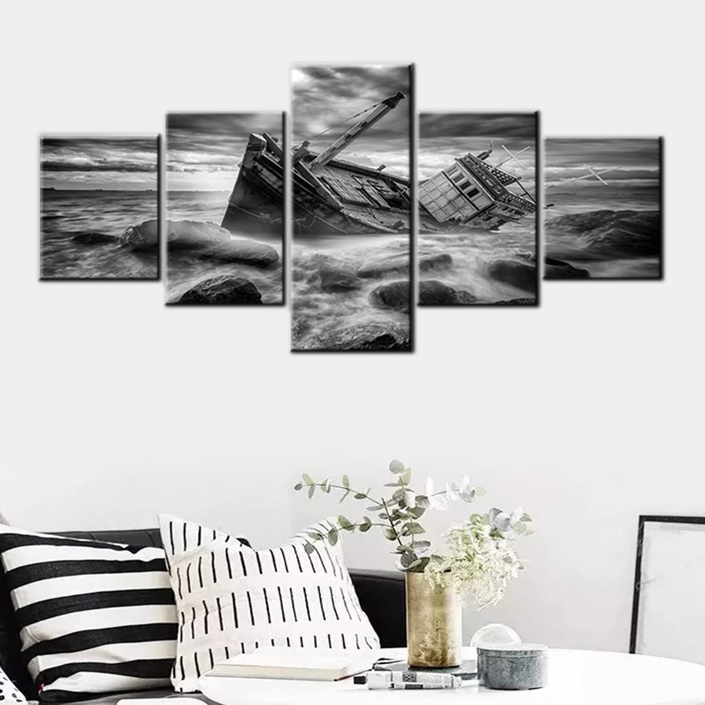 Norse Decor Black and White Painting Vikings Ship Artwork Fantasy Sailing Boat Pictures for Living Room Home 5 Panel Dragon Canvas Wall Art Modern Framed Ready to Hang Posters and Prints(60''Wx32''H)