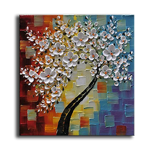 YaSheng Art - hand-painted Oil Painting On Canvas white Flowers Paintings Modern Home Interior Decor Wall Art for living room Abstract Art picture Ready to hang 24x24inch