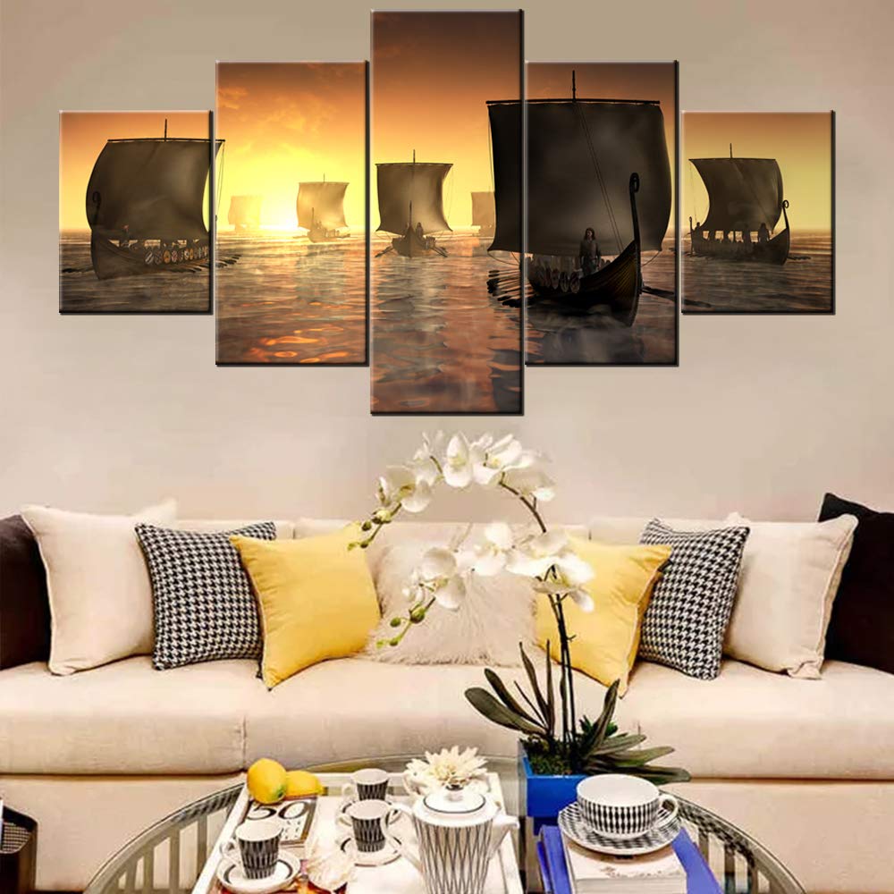 Norse Decor Black and White Painting Vikings Ship Artwork Fantasy Sailing Boat Pictures for Living Room Home 5 Panel Dragon Canvas Wall Art Modern Framed Ready to Hang Posters and Prints(60''Wx32''H)