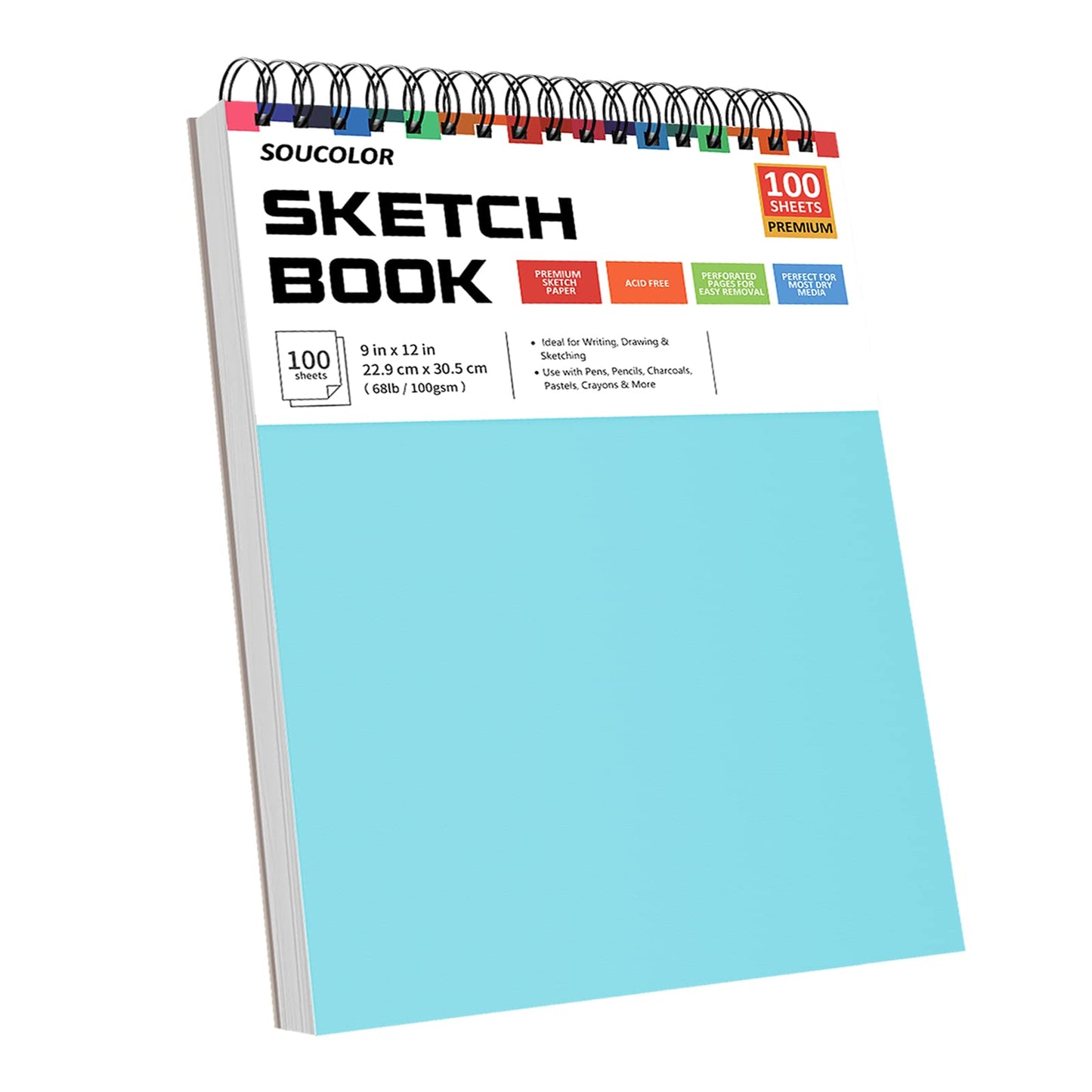 Soucolor 9" x 12" Sketch Book, 1-Pack 100 Sheets Spiral Bound Art Sketchbook, (68lb/100gsm) Acid Free Artist Drawing Book Paper Painting Sketching Pad for Kids Students Adults Beginners