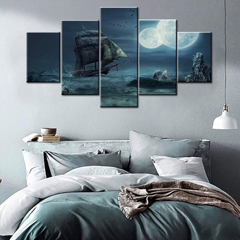 Norse Decor Black and White Painting Vikings Ship Artwork Fantasy Sailing Boat Pictures for Living Room Home 5 Panel Dragon Canvas Wall Art Modern Framed Ready to Hang Posters and Prints(60''Wx32''H)