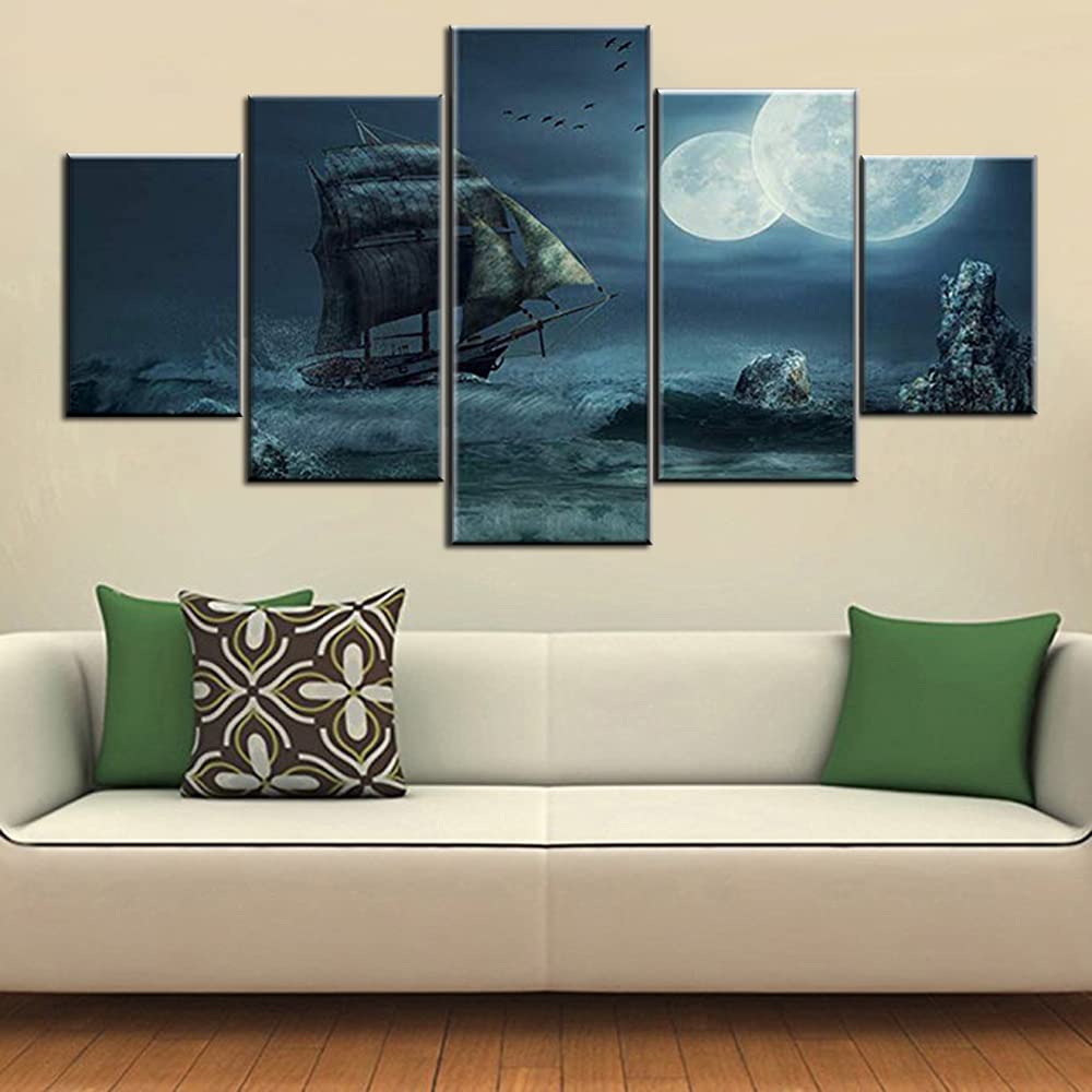 Norse Decor Black and White Painting Vikings Ship Artwork Fantasy Sailing Boat Pictures for Living Room Home 5 Panel Dragon Canvas Wall Art Modern Framed Ready to Hang Posters and Prints(60''Wx32''H)