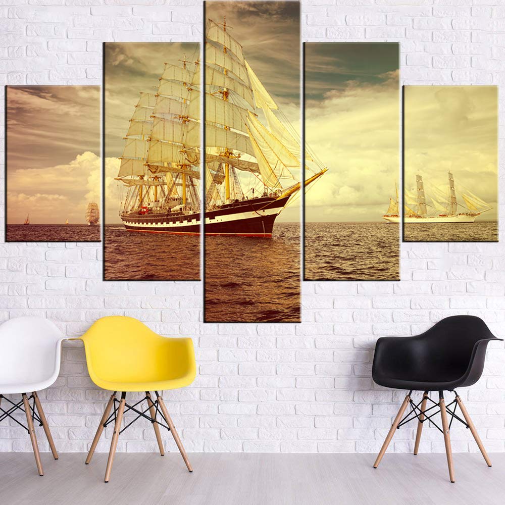 Norse Decor Black and White Painting Vikings Ship Artwork Fantasy Sailing Boat Pictures for Living Room Home 5 Panel Dragon Canvas Wall Art Modern Framed Ready to Hang Posters and Prints(60''Wx32''H)