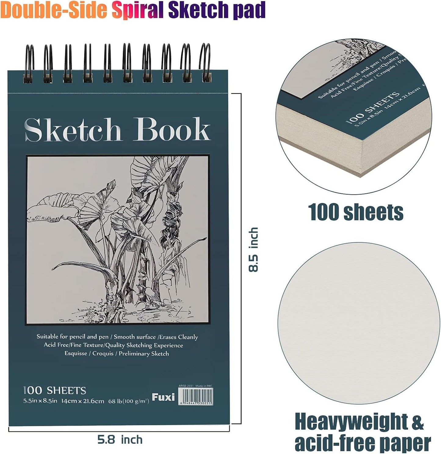 5.5" x 8.5" Sketchbook Set, Top Spiral Bound Sketch Pad, 2 Packs 100-Sheets Each (68lb/100gsm), Acid Free Art Sketch Book Artistic Drawing Painting Writing Paper for Beginners Artists