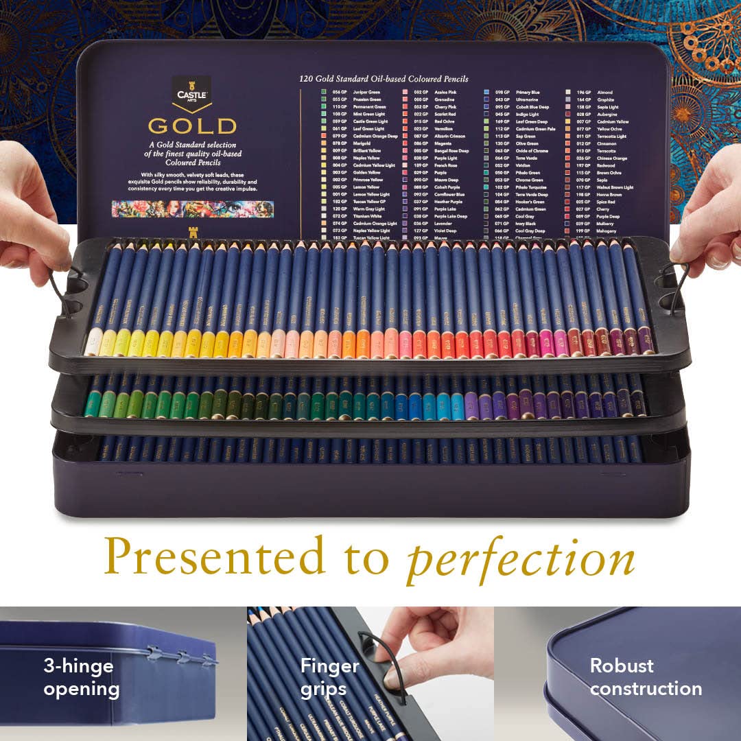 Castle Art Supplies Gold Standard 120 Colouring Pencils Set | Quality Oil-based Coloured Cores Stay Sharper, Tougher Against Breakage | For Adult Artists, Colourists | In Presentation Tin Box