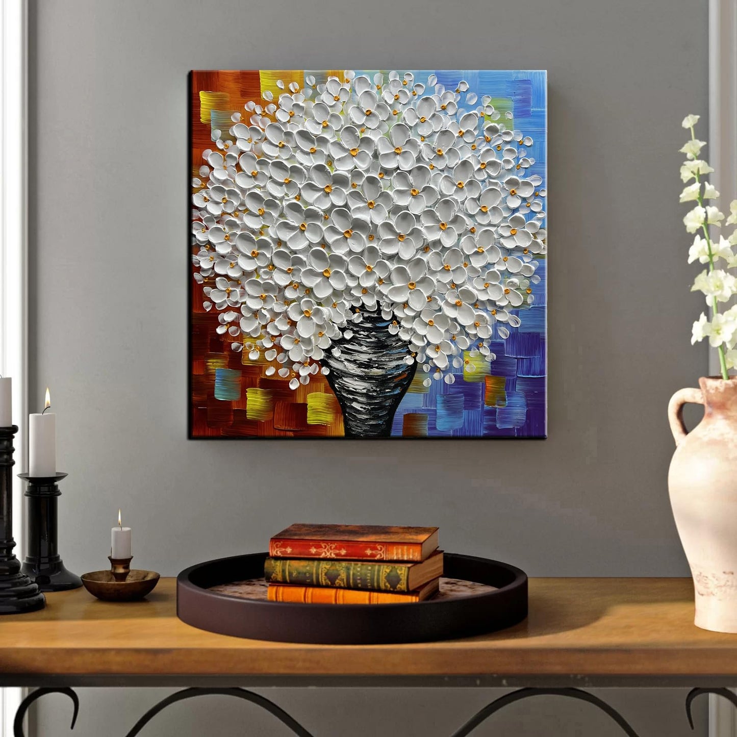 YaSheng Art - hand-painted Oil Painting On Canvas white Flowers Paintings Modern Home Interior Decor Wall Art for living room Abstract Art picture Ready to hang 24x24inch